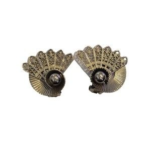 Vintage Modernist Fan Swirl Silver Tone  Clip on Earrings Classic MCM 1950's